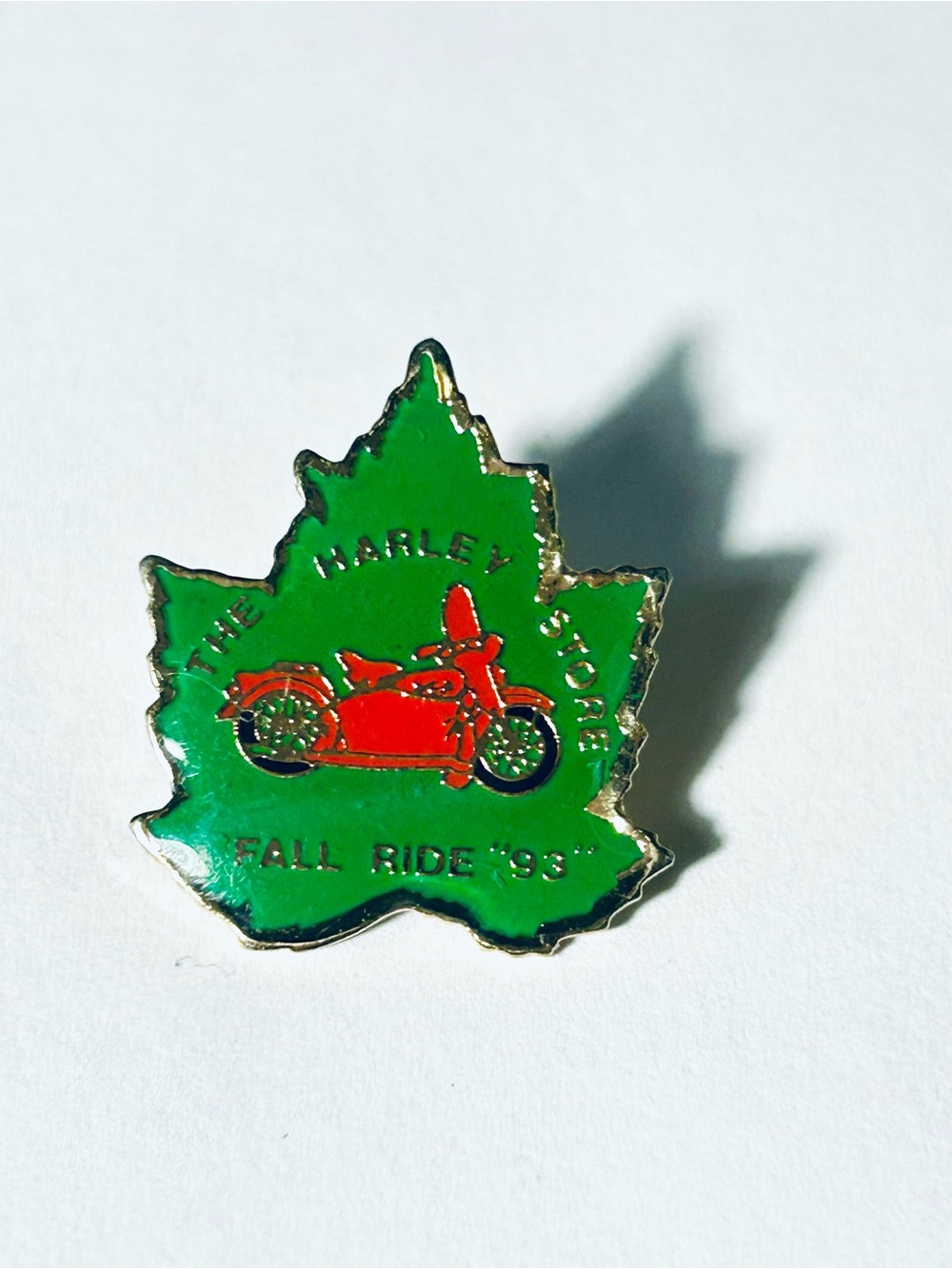 The Harley Store Fall Ride '93 - Green & Red Maple Leaf Pin
